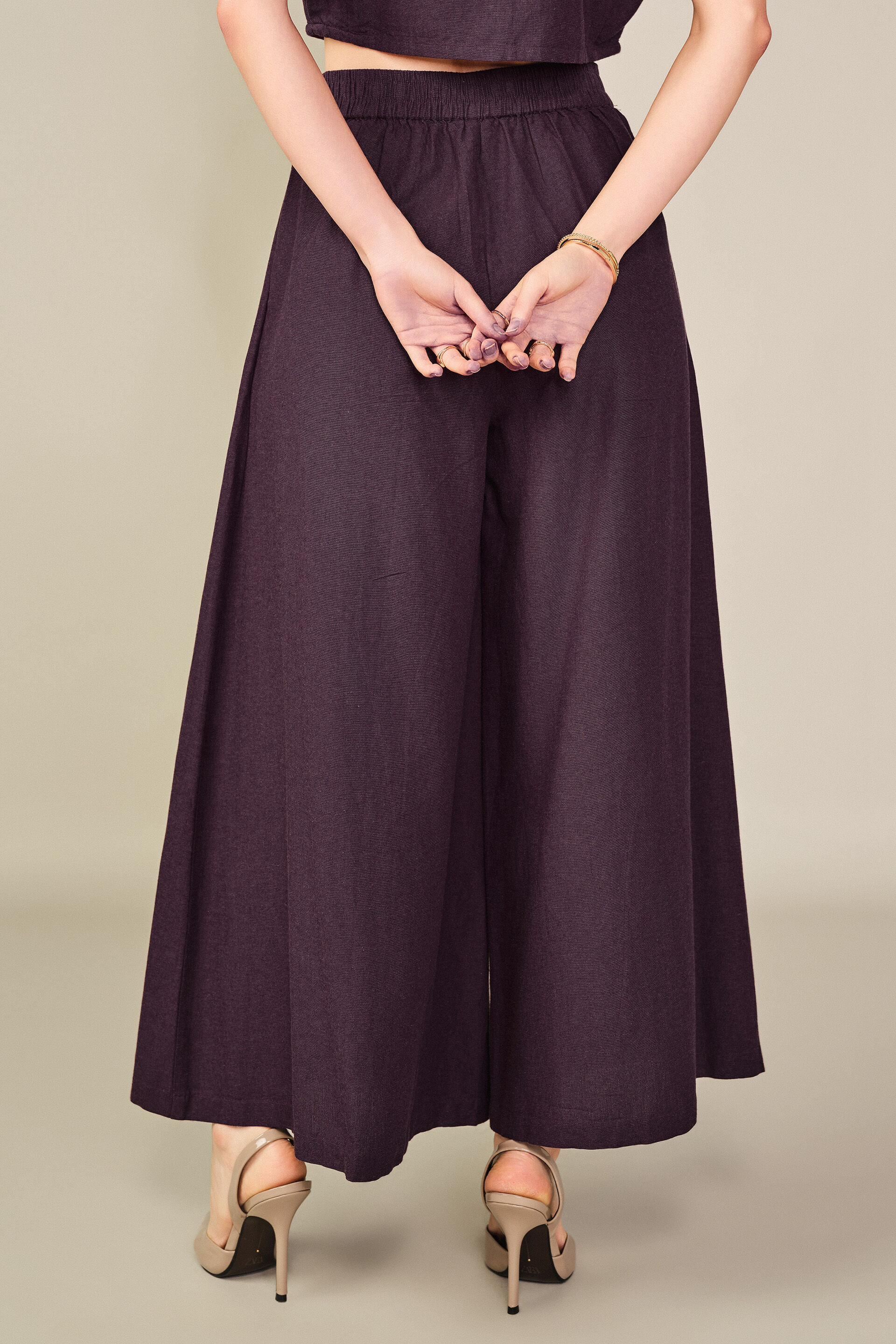 Dual Tone Flared Trousers in Wine, Wine, image 4